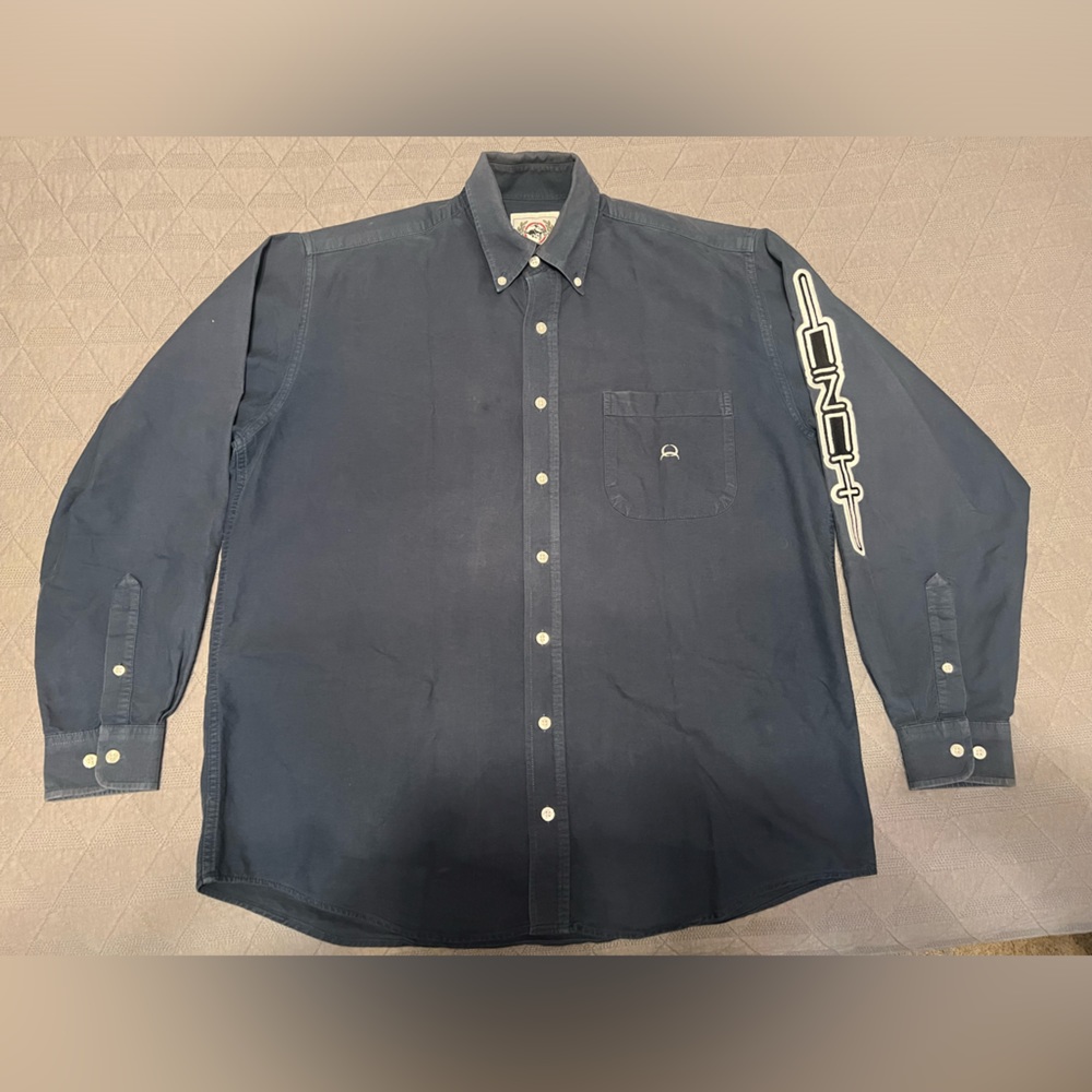 Cinch Team Logo Button Shirt M Blue Gray Embroidered Spellout Work Rodeo Twill